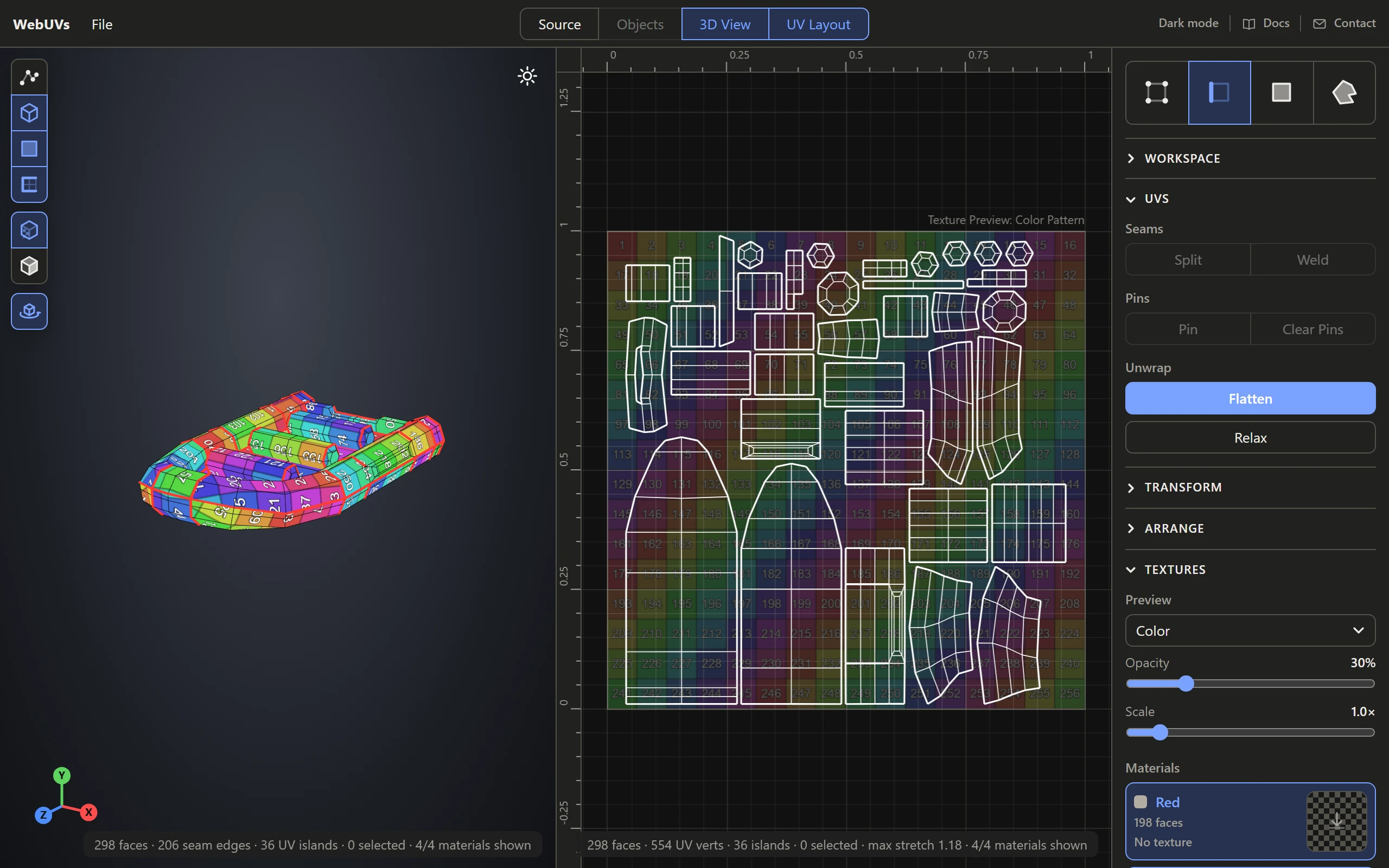 The editor with an example model, its 3D View and UV Layout side by side