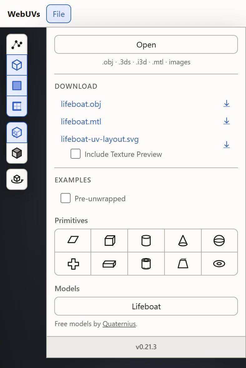 The File menu: Open, the files to download, and the shapes and example models