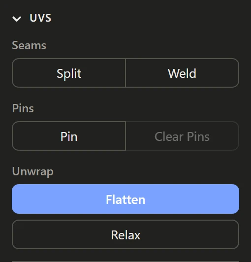 The sidebar's UVs section: Seams, Pins and Unwrap